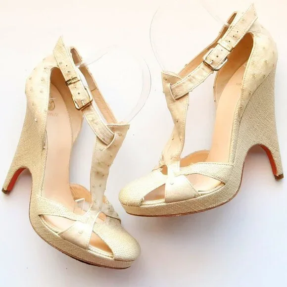 Versace Beige Ostrich Leather Platform Heels Pumps Sandals Luxury